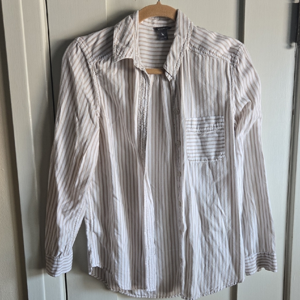 Eddie Bauer Women's White and Taupe Striped Shirt
